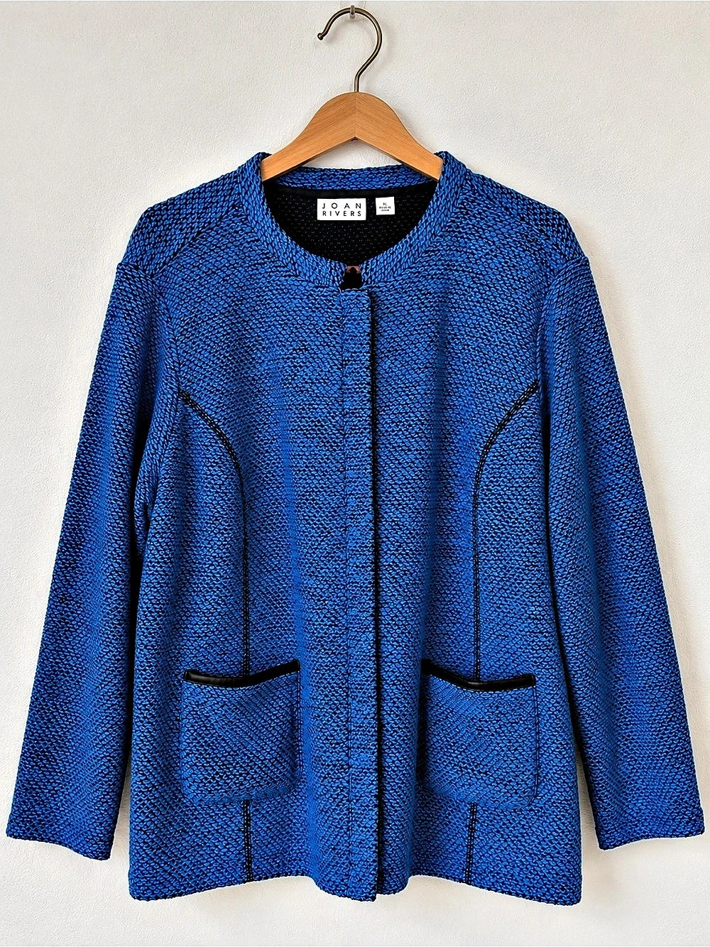 Joan Rivers 2X Blue Textured Knit Zip Jacket Faux Leather Trim